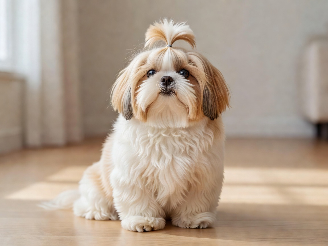 Fluffy long-haired Shih Tzu with hair secured neatly away from eyes using a soft topknot