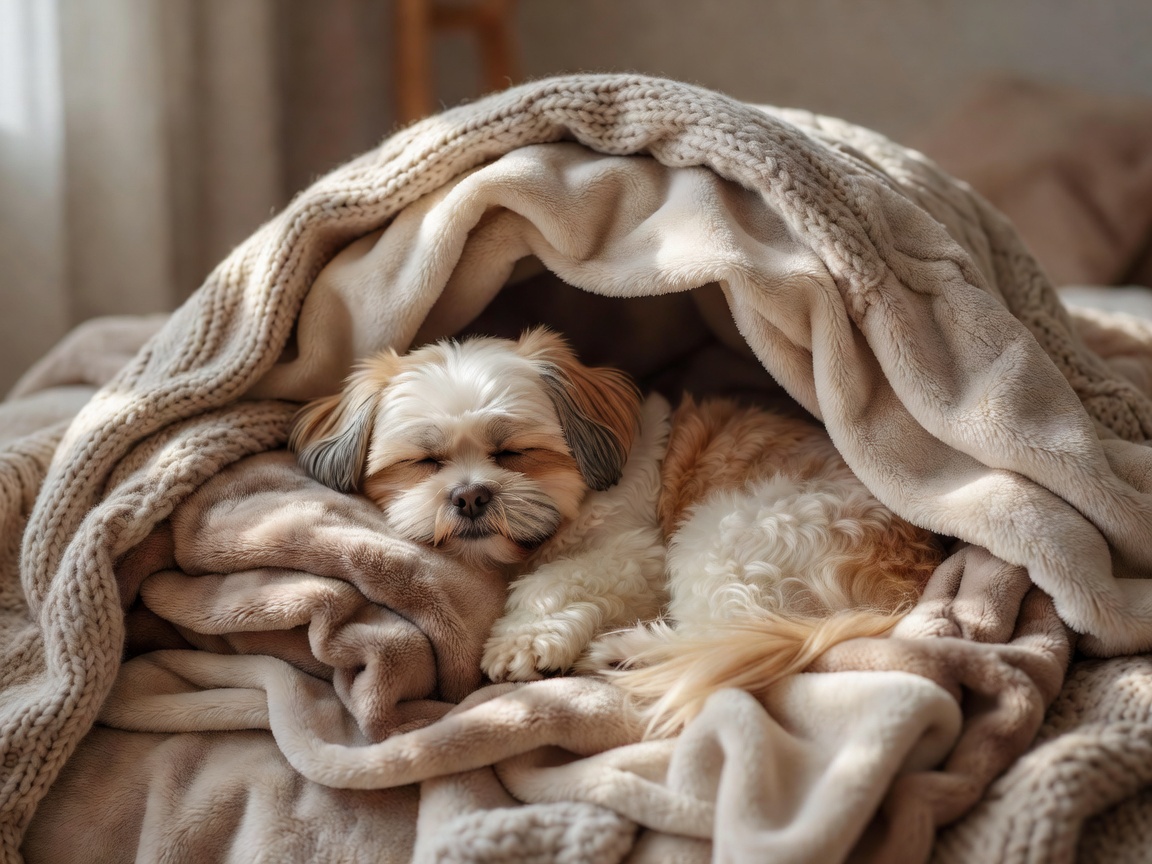 Relaxed Shih Tzu napping peacefully inside a cozy blanket den setup