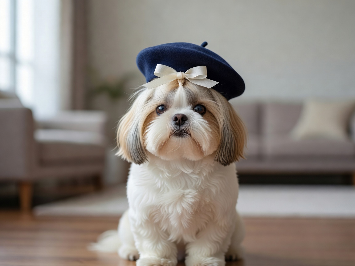 A perfectly groomed Shih Tzu wearing a stylish dark navy beret resting on a creamy linen cushion