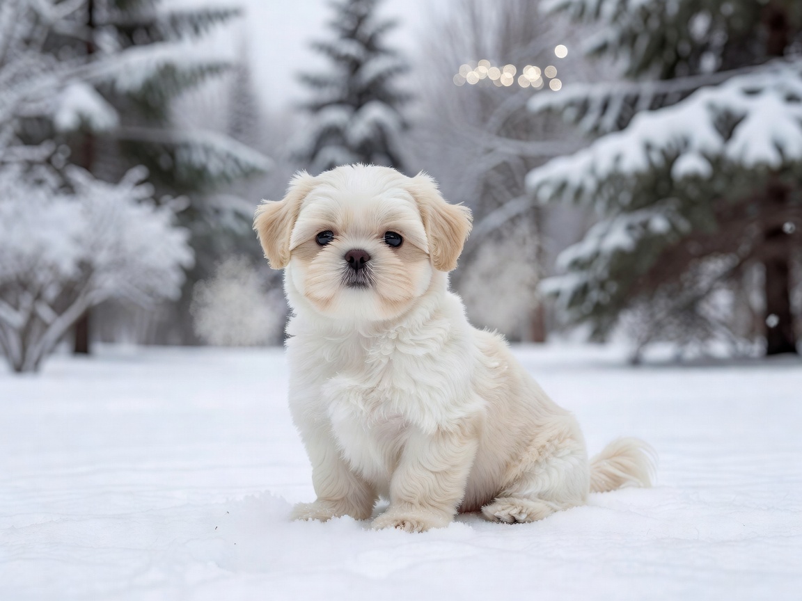 Shih Tzu puppy displaying a clean winter coat cut sitting outdoors