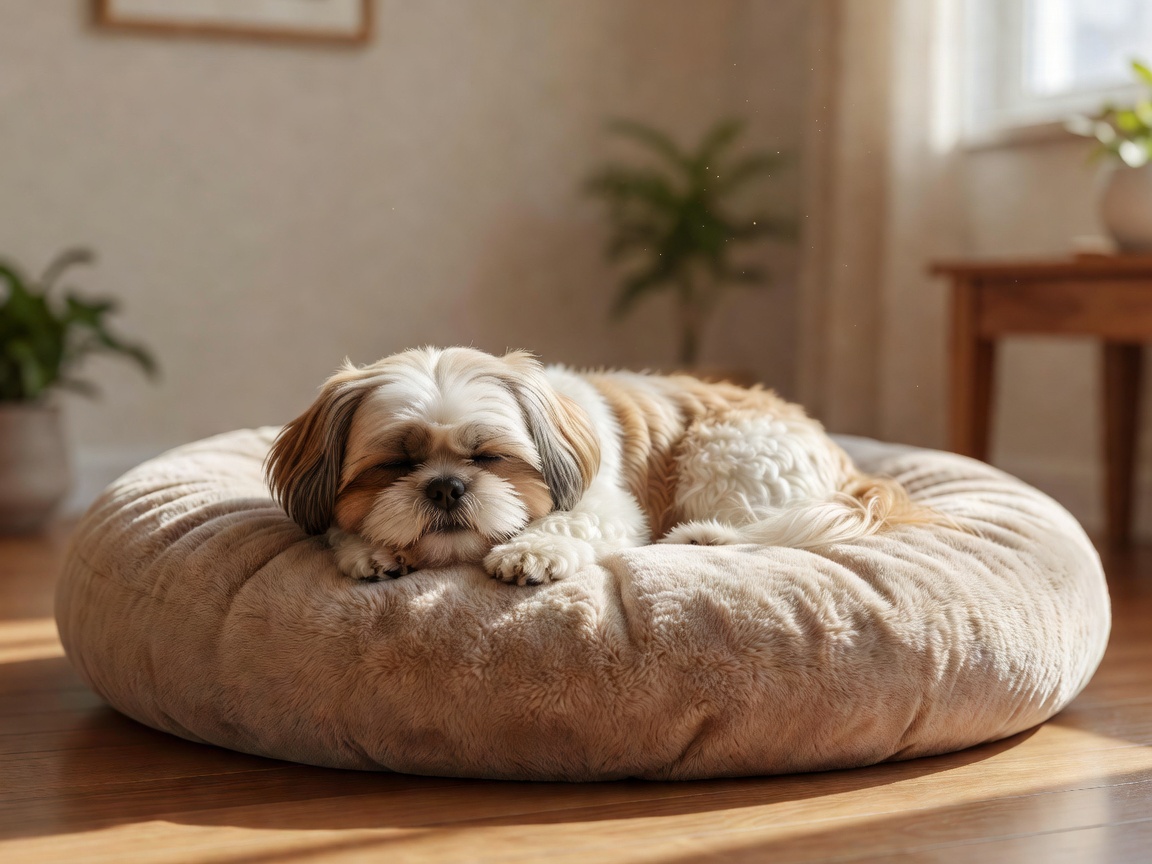 Shih Tzu resting calmly on a soft plush dog cushion inside a sunlit room
