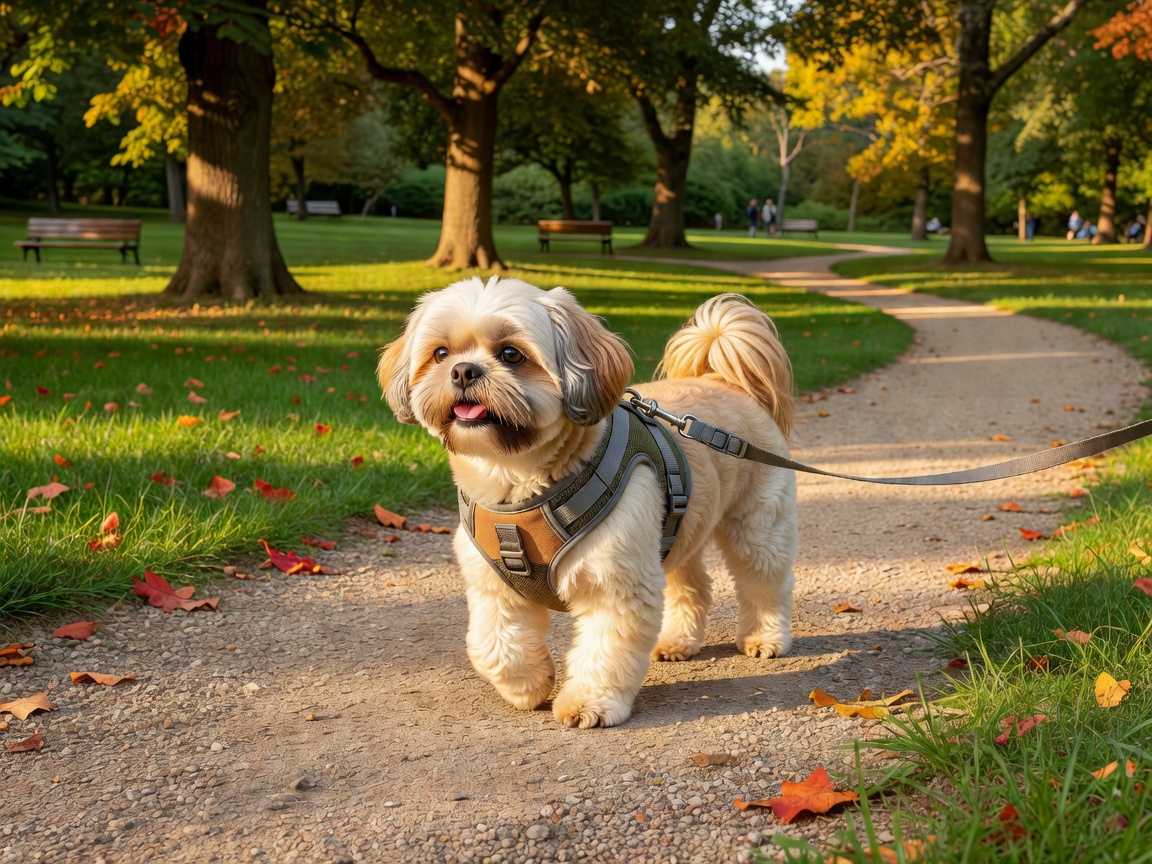 Small Shih Tzu wearing an ergonomic padded walking harness on a park stroll